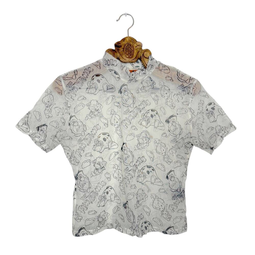 Lazy Oaf Top Mesh Sheer Flintstones Cartoon Mock Neck Tee Black White